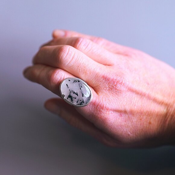 Tourmalinated Quartz Crescent Moon Ring SZ 7.5 Handmade by Me Sterling Silver - Picture 4 of 7